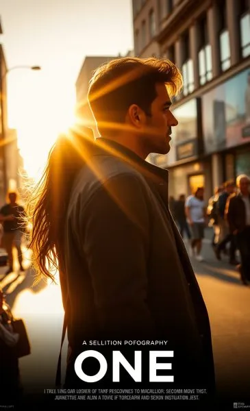 Ein Poster für EIN Filmbeispiel in einem warmen Goldglanz, candid Street Photography Stil, urbane Szenen, spontane candid Momente, strahlendes und luxuriöses Feeling